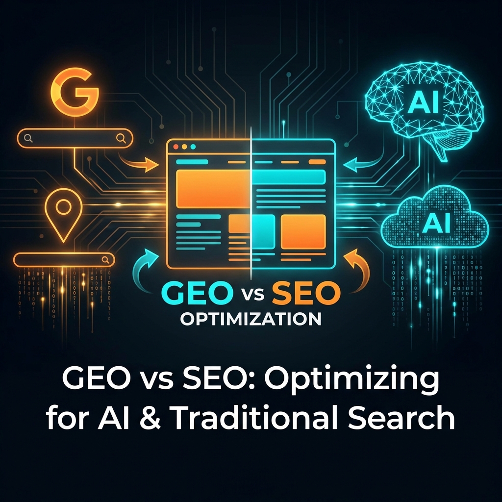 An editorial illustration of two diverging paths—one labeled Google SERP, one labeled AI citations—over a circuit background.